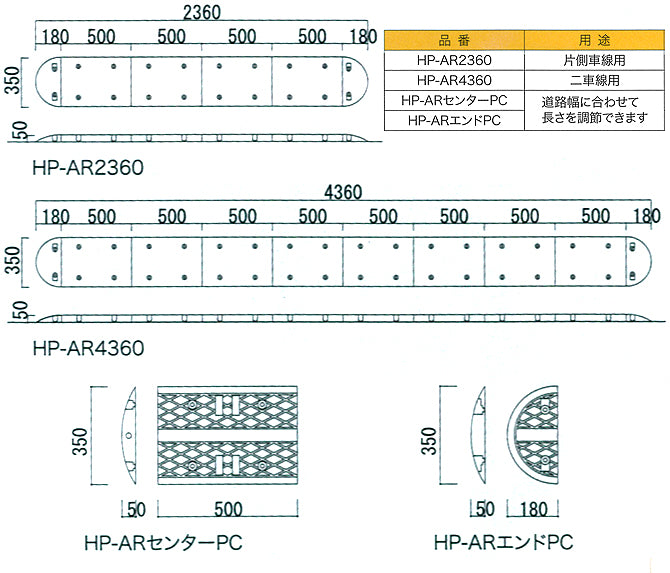 減速ロードハンプ（減速帯）  HP-AR4360    二車線用タイプ  黒と黄色のストライプで よく目立つ！ 夜間はライトに反射で 視認バツグン！