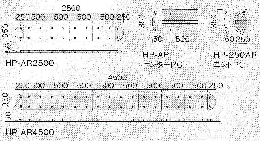 《A250シリーズ》かちっと車1台分　W2500×D350×H50ｍｍ 昔から使用されている定番商品♪　迷ったらコチラおすすめ♪ 減速ロードハンプ（減速帯） HP-AR2500　片側車線用タイプ 　 黒と黄色のストライプで よく目立つ！ 夜間はライトに反射で 視認バツグン！
