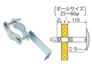 ステンレス製ポール取り付け金具【日本製　信栄物産】小型ガラスミラーオプション
